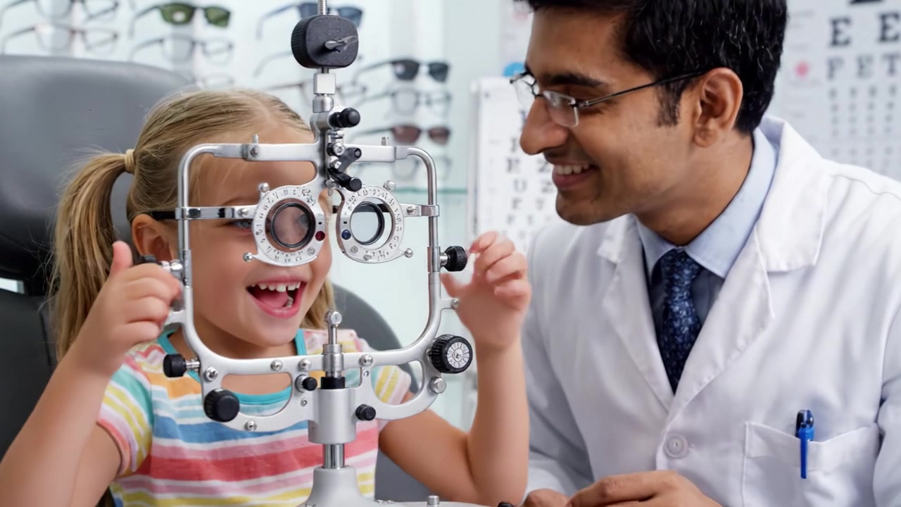A Young Girl Enjoys an Eye Exam with a Friendly Doctor While Using a Vision Tester, Smiling with Thumbs Up During Her First Eye Check-Up