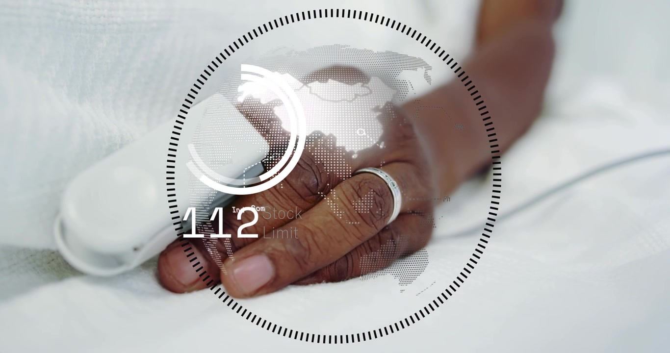 Mature patient hand resting on bed medical sensor sending data HUD over hand tracking rising vitals