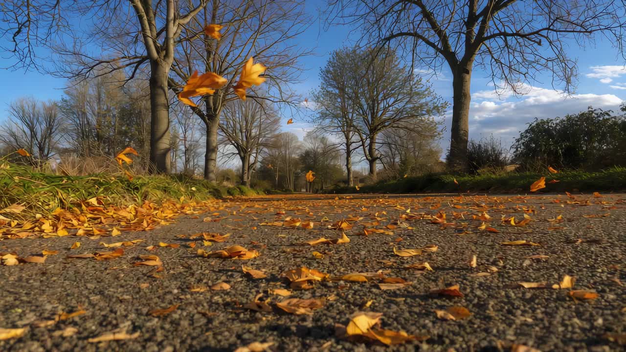 Lav kameravinkel, der fanger overfladen af en belagt sti i en park, hvor vinden løfter og spreder gule blade