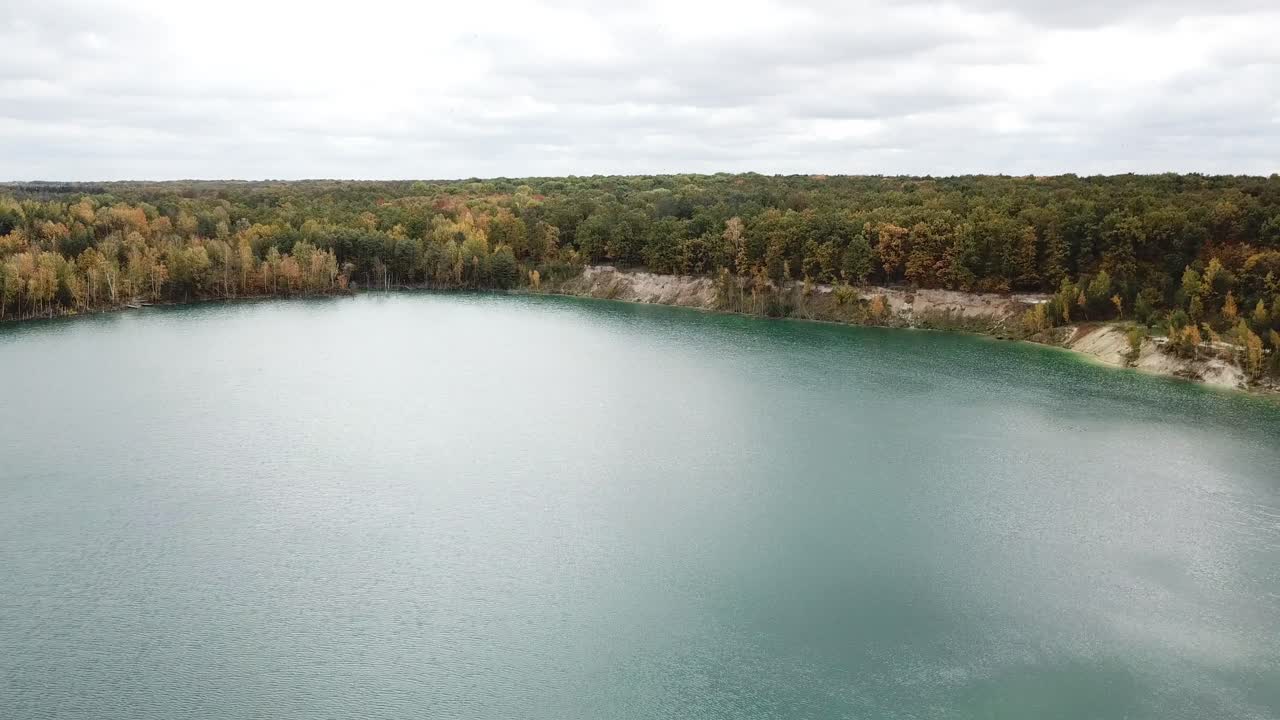 Aerial view over lake. Aerial view of forest with lake landscape