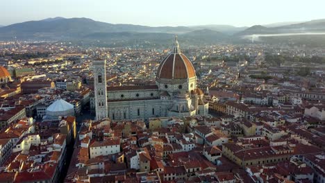 duomo cathedral of santa maria del fiore, baptistery and panoramic view of florence italy, aerial approach shot