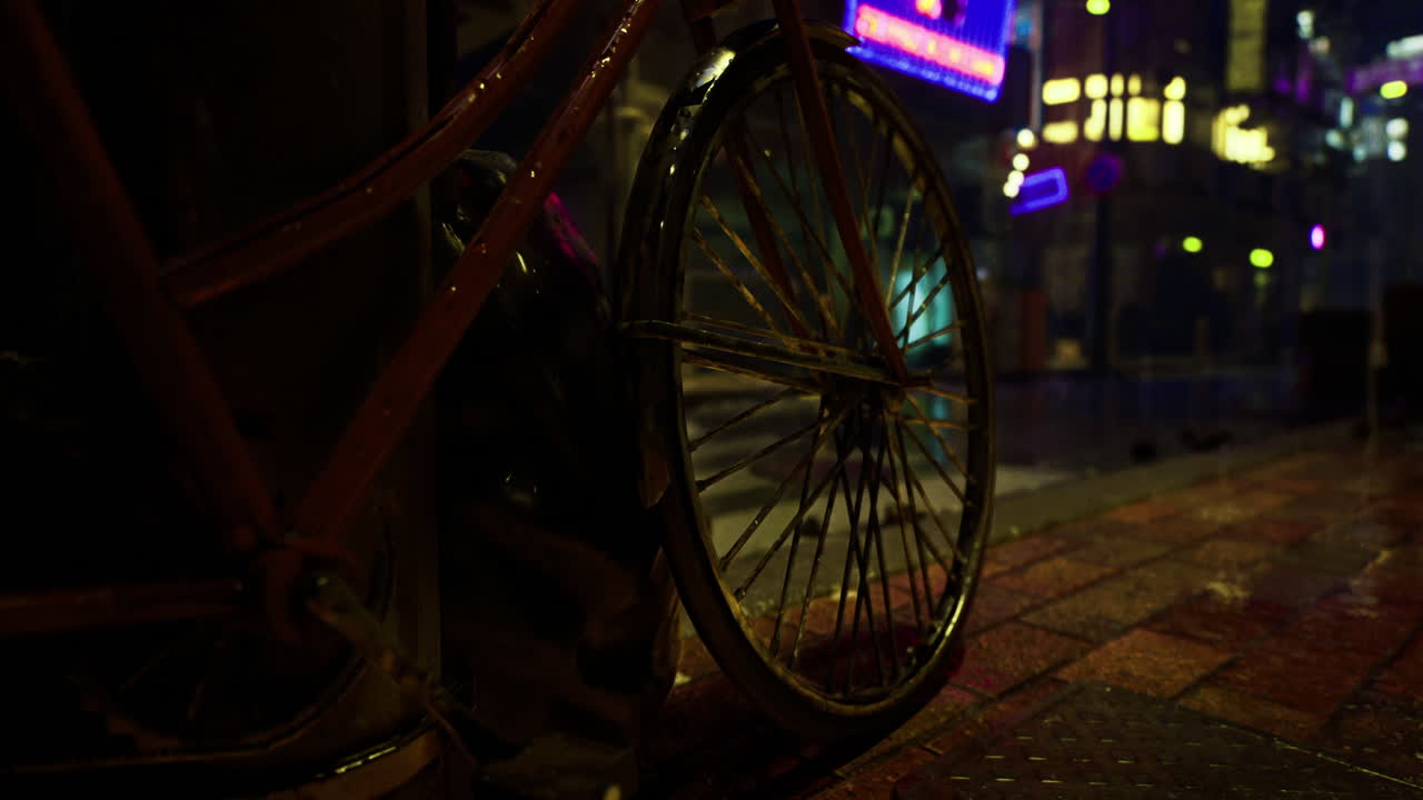 Bicicletta con riflessi colorati nella vita notturna urbana
