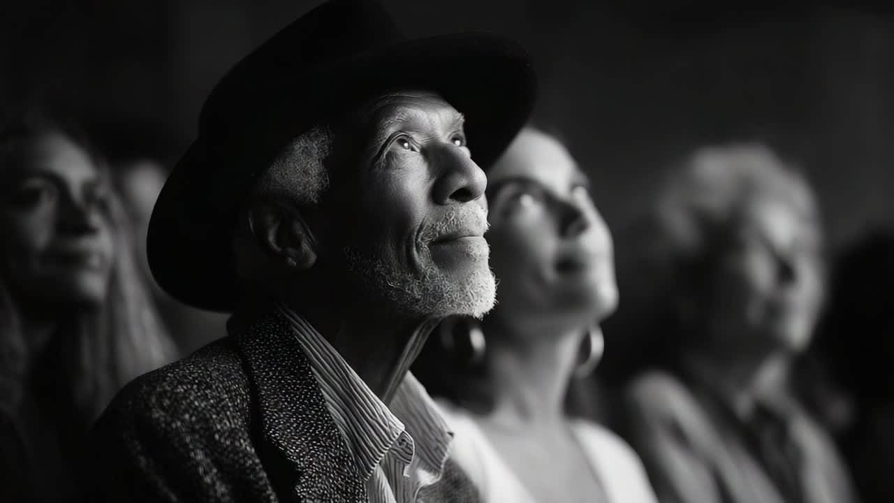 A Captivating Moment: An Elderly Man in a Hat Observes with Wonder and Joy, Surrounded by Anengaged Audience at a Special Event Demonstrating Emotion and Connection