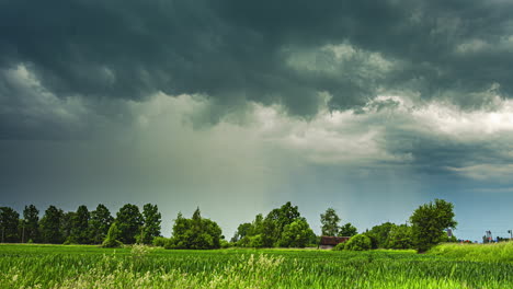 Campo-Natural,-Nubes-Grises-De-Lapso-De-Tiempo-Que-Se-Forman-Sobre-El-Bosque,-Cielo-Despejado