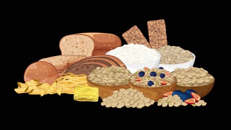 a digital animation of various grains, breads, and cereals smoothly rotating against a solid black background, using flat vector illustration and seamless looping