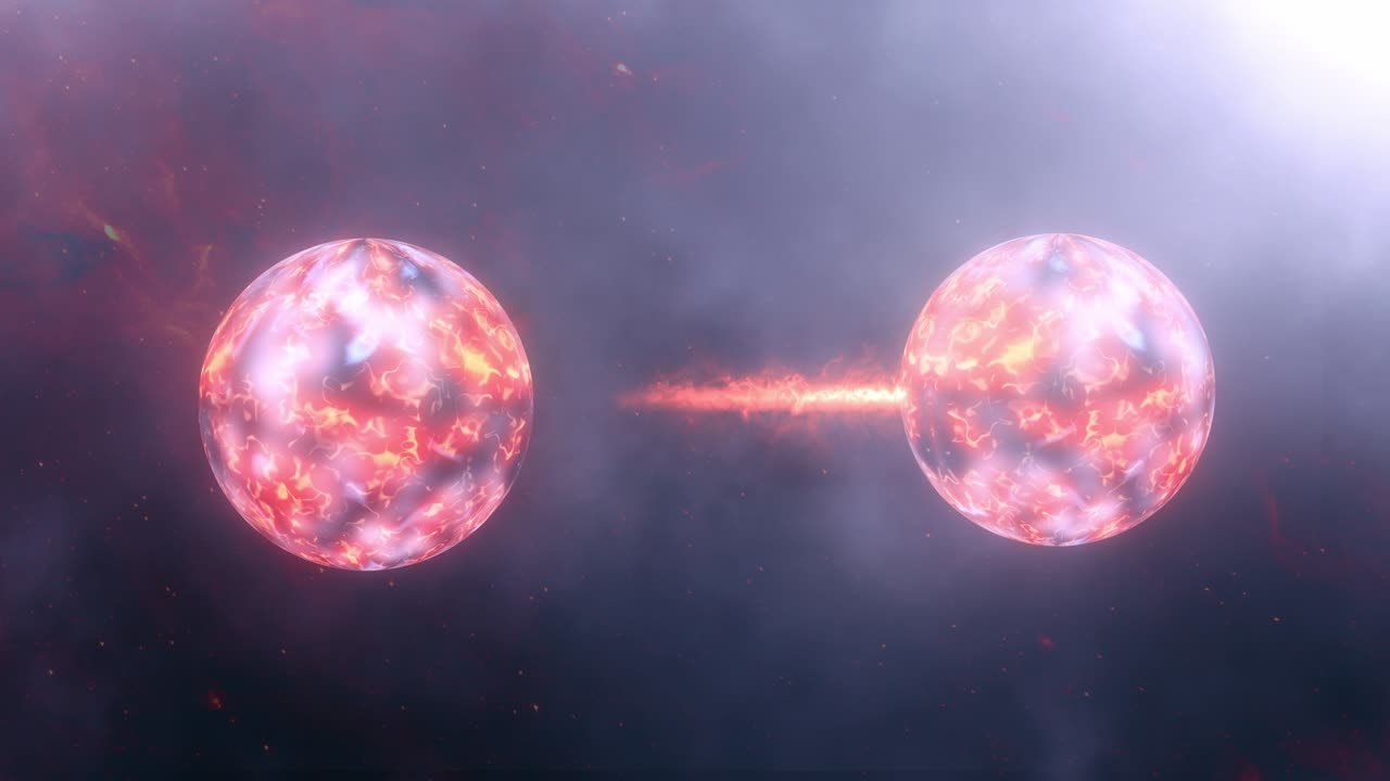 양자 매임의 개념, 미래의 물리학적 과학 배경 4k 3d 렌더링 원활한 루프 양자 상태 두 입자가 양자 상태에서 일관성을 공유합니다: 위치, 운동량, 스핀, 양극화.