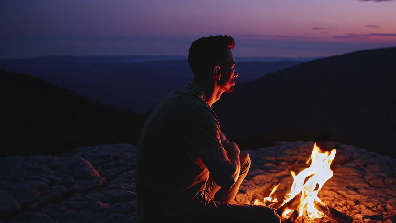 A man sits by a campfire on a mountain at dusk, captured in a side profile