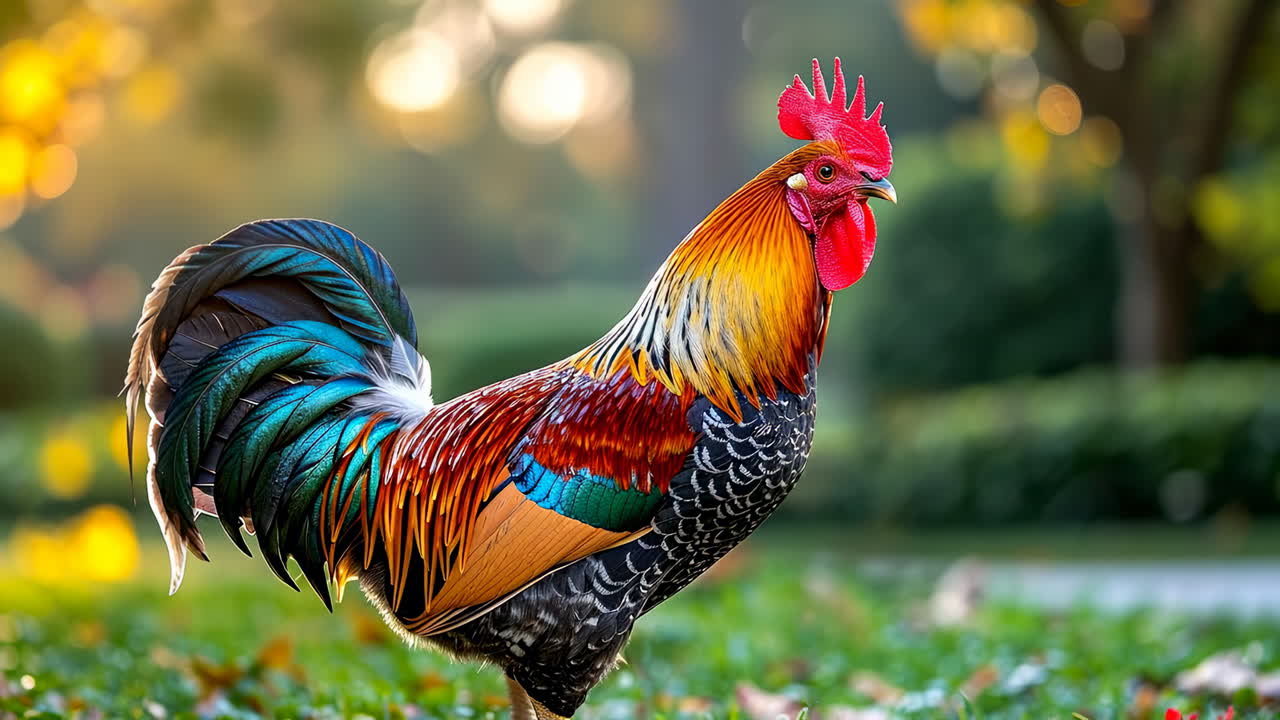 Colorful rooster standing in sunlight. A vibrant rooster stands proudly in a garden, displaying its bright feathers in the warm sunlight during autumn