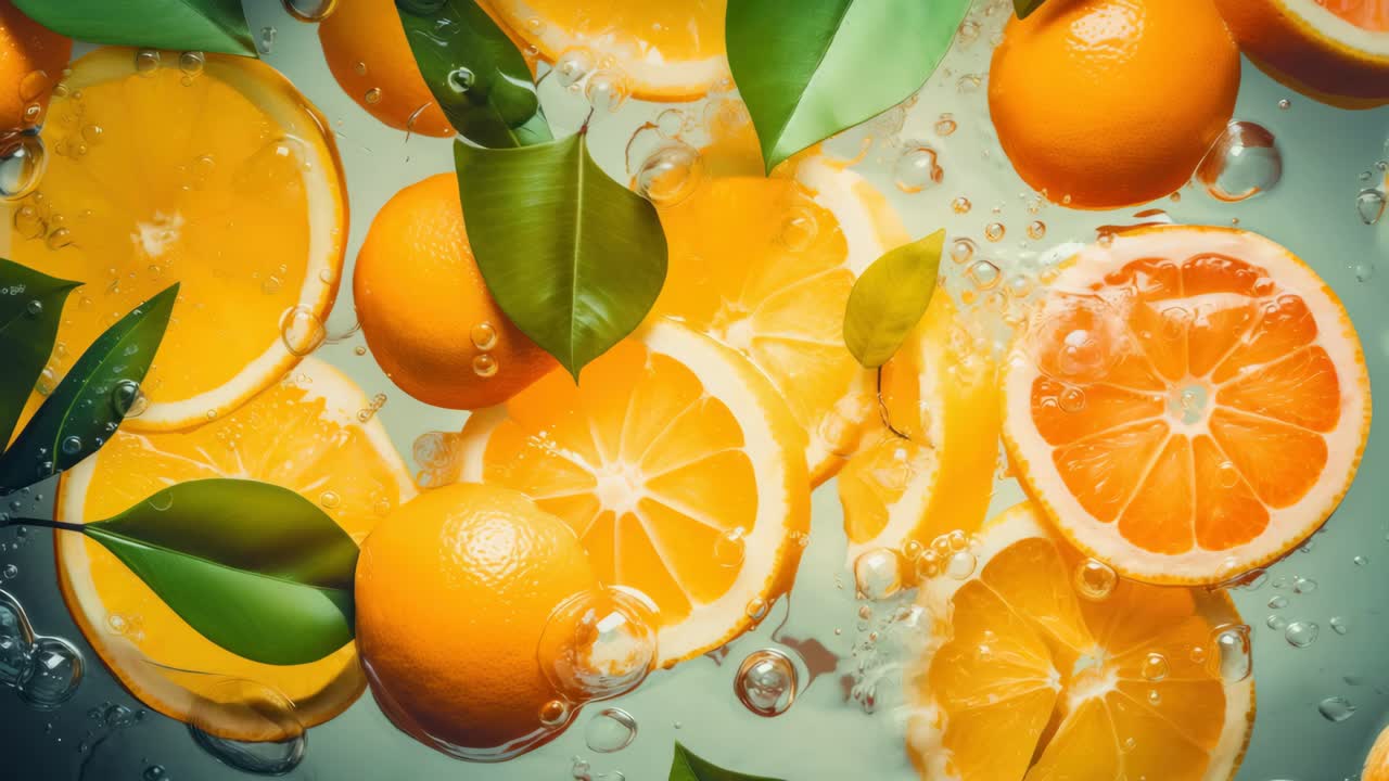 Vibrant video concept of fresh oranges and leaves submerged in water