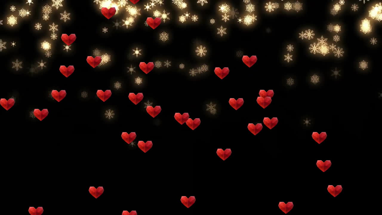 corazones rojos animados y copos de nieve dorados sobre fondo negro