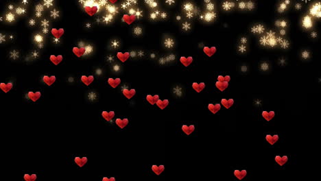 animated red hearts and golden snowflakes on black background