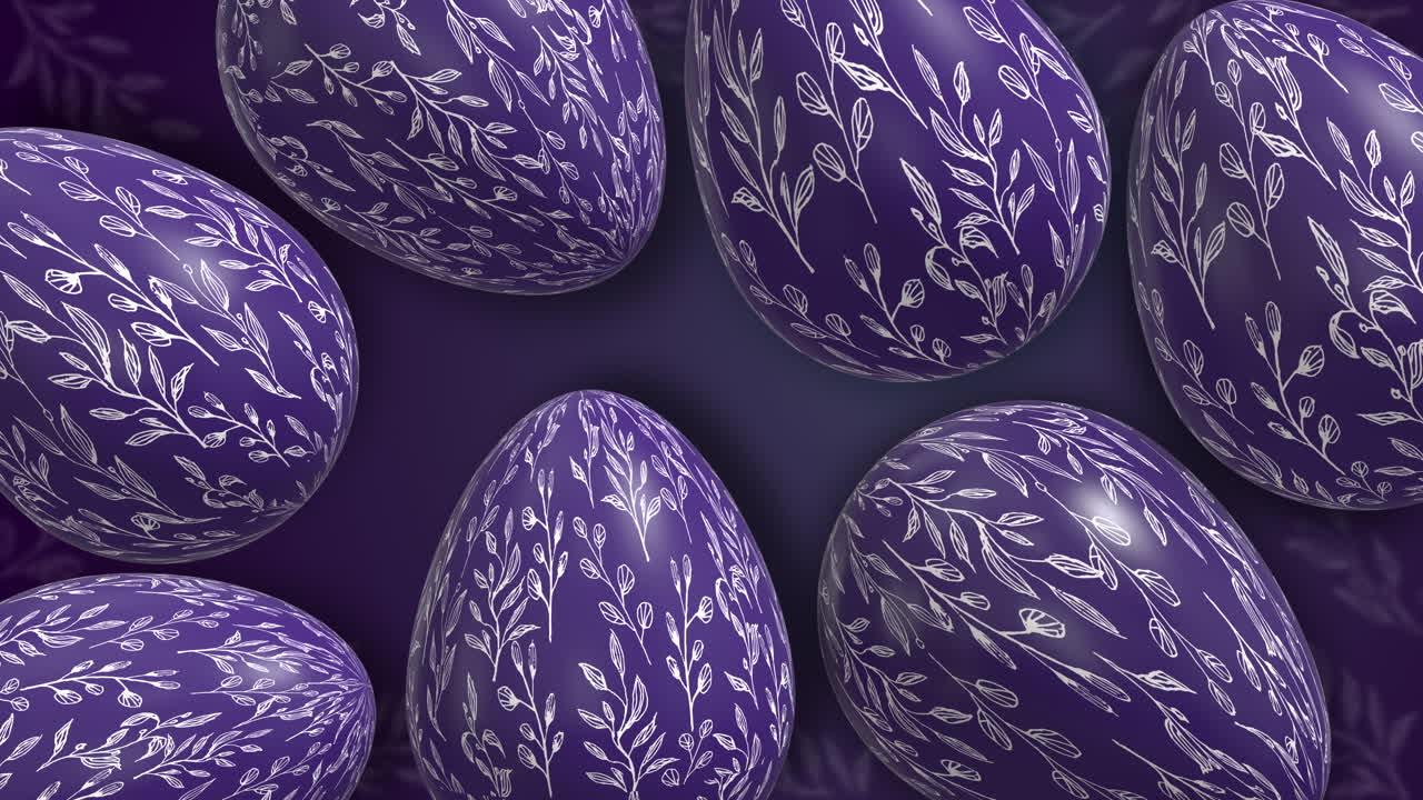 Purple Easter eggs with painted patterns. Animated holiday seamless background. Christian religious holiday of Easter. Loop video.