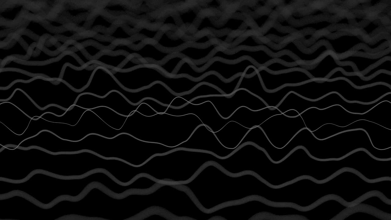 검은색 바탕에 왜곡된 필드 시각을 형성하는 선: 추상 cg 3d 애니메이션 루프, 측면 뷰, 필드 깊이 효과