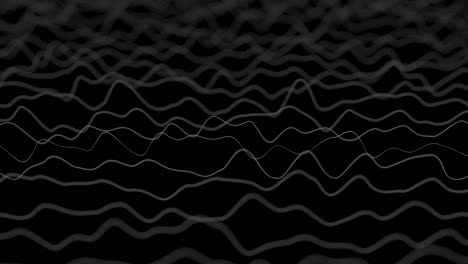 white lines forming distorted field visualization on black background. abstract cg 3d animation loop, side view, depth of field effect.