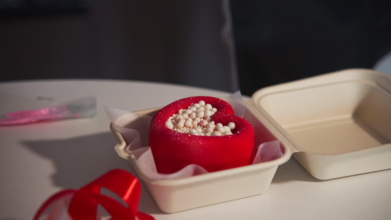 Mano che chiude un contenitore da asporto con un dessert rosso a forma di cuore