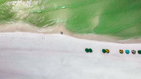 destino florida panorámica izquierda recta hacia abajo toma aérea de avión no tripulado de la playa de arena blanca y agua verde esmeralda del golfo de méxico con una vista de algunas sillas de playa y paraguas