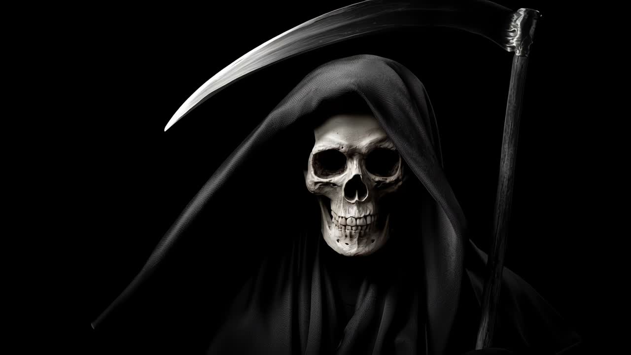 Grim reaper holding scythe on black background