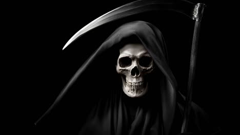 grim reaper holding scythe on black background
