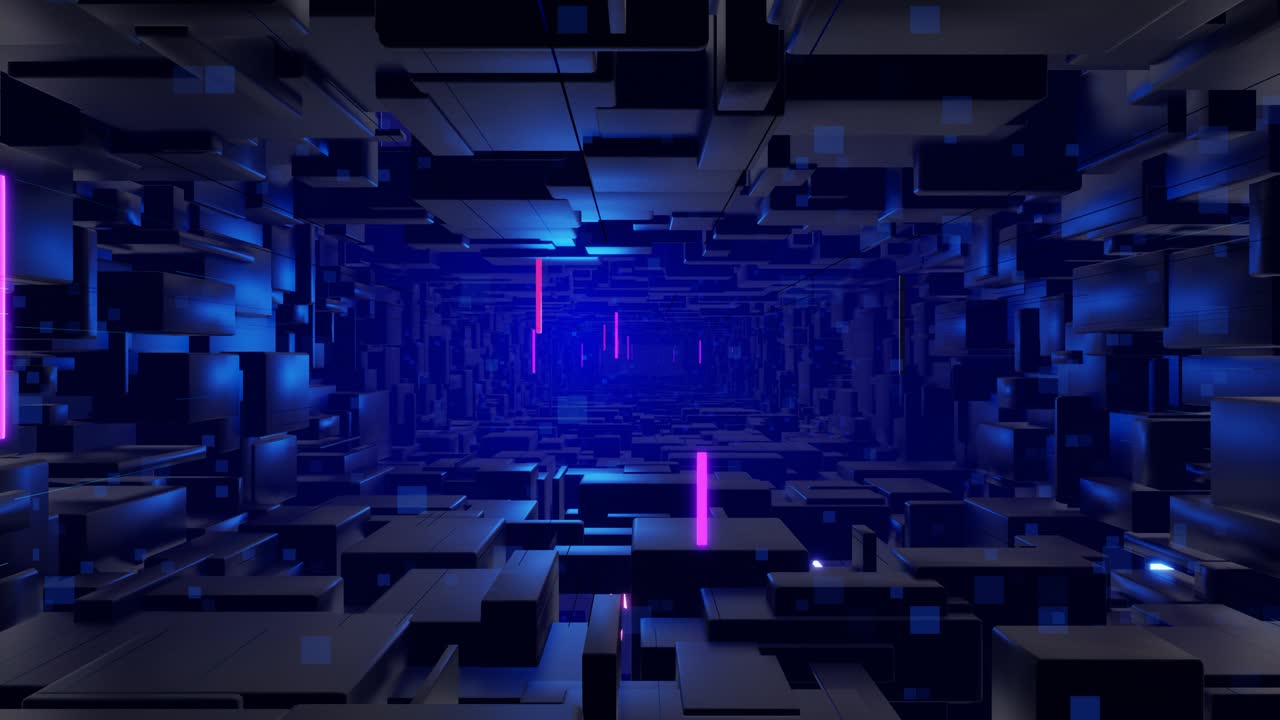 Tunnel with neon light. Sci-fi bg fly through tech digital space. Concept of hi-tech information flow, blockchain. 3d looped bg motion design, cubes and frames, constructions. Dark dynamic bg