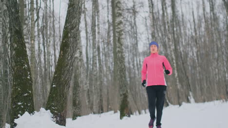 Eine-Junge-Frau,-Die-Morgens-Im-Winterwald-Joggte,-War-Müde-Und-Blieb-Stehen,-Um-Zu-Atem-Zu-Kommen.-Er-Kam-Wieder-Zu-Kräften,-überwand-Die-Müdigkeit-Und-Lief-Weiter.-Ausdauer-Und-Überwindung-Von-Schwächen.-Vorstoßen