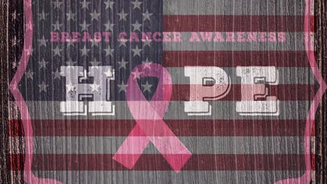 Animation-of-pink-ribbon-logo-with-breast-cancer-text-over-usa-flag