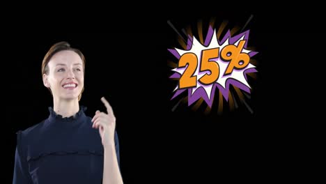 animación de una mujer caucásica feliz apuntando hacia el número 25 con percentil en fondo negro