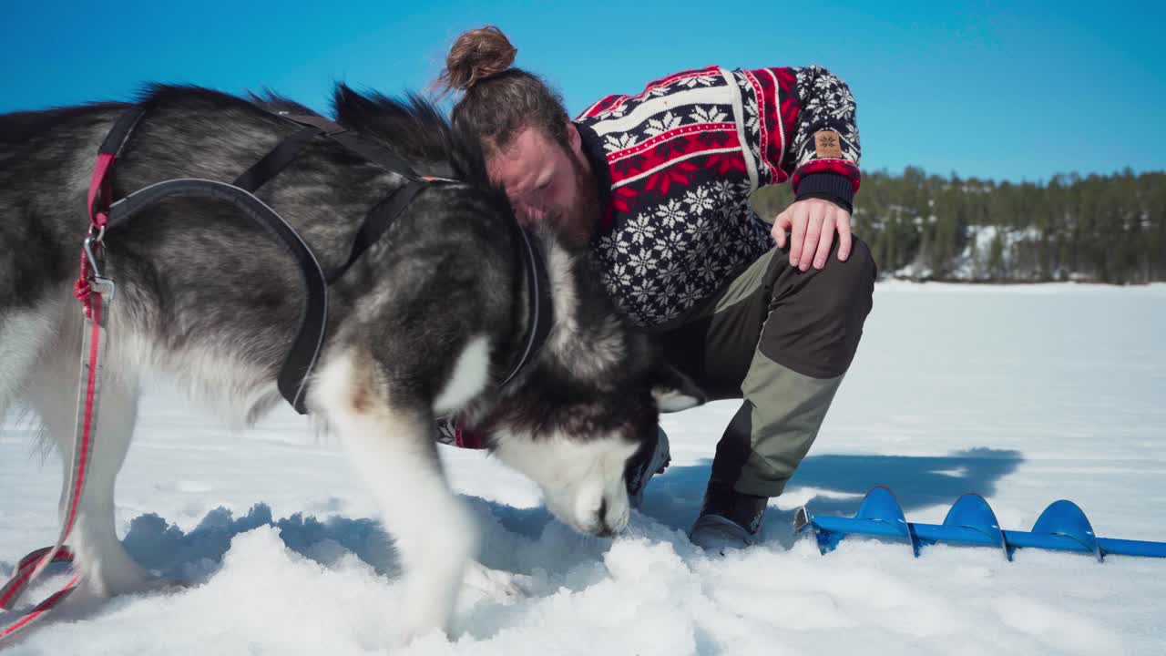 perro observando al hombre quitando el hielo en el agujero de pesca
