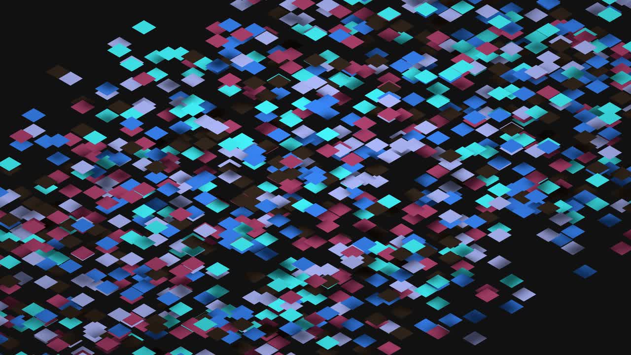 cuadrado, planos rebotantes al azar que cambian de color, disparado en un ángulo contra un fondo oscuro. renderización 3d, ilustración 3d. fondo abstracto dinámico.