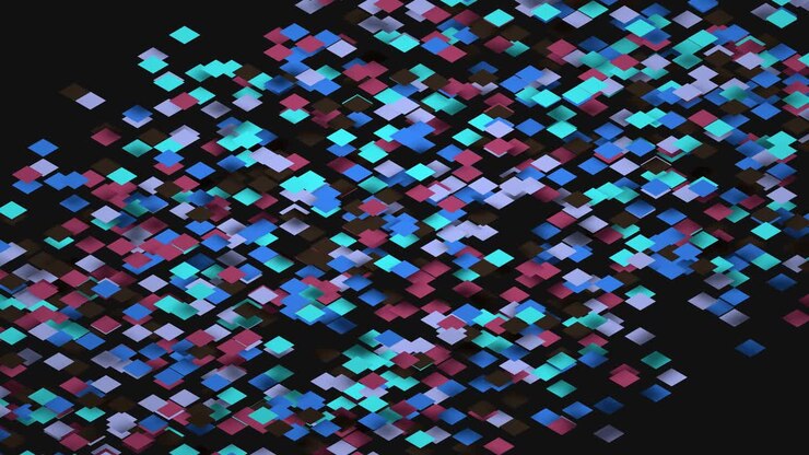 Square, randomly bouncing planes that change color, shot at an angle against a dark background. 3d rendering, 3d illustration. Dynamical abstract background.