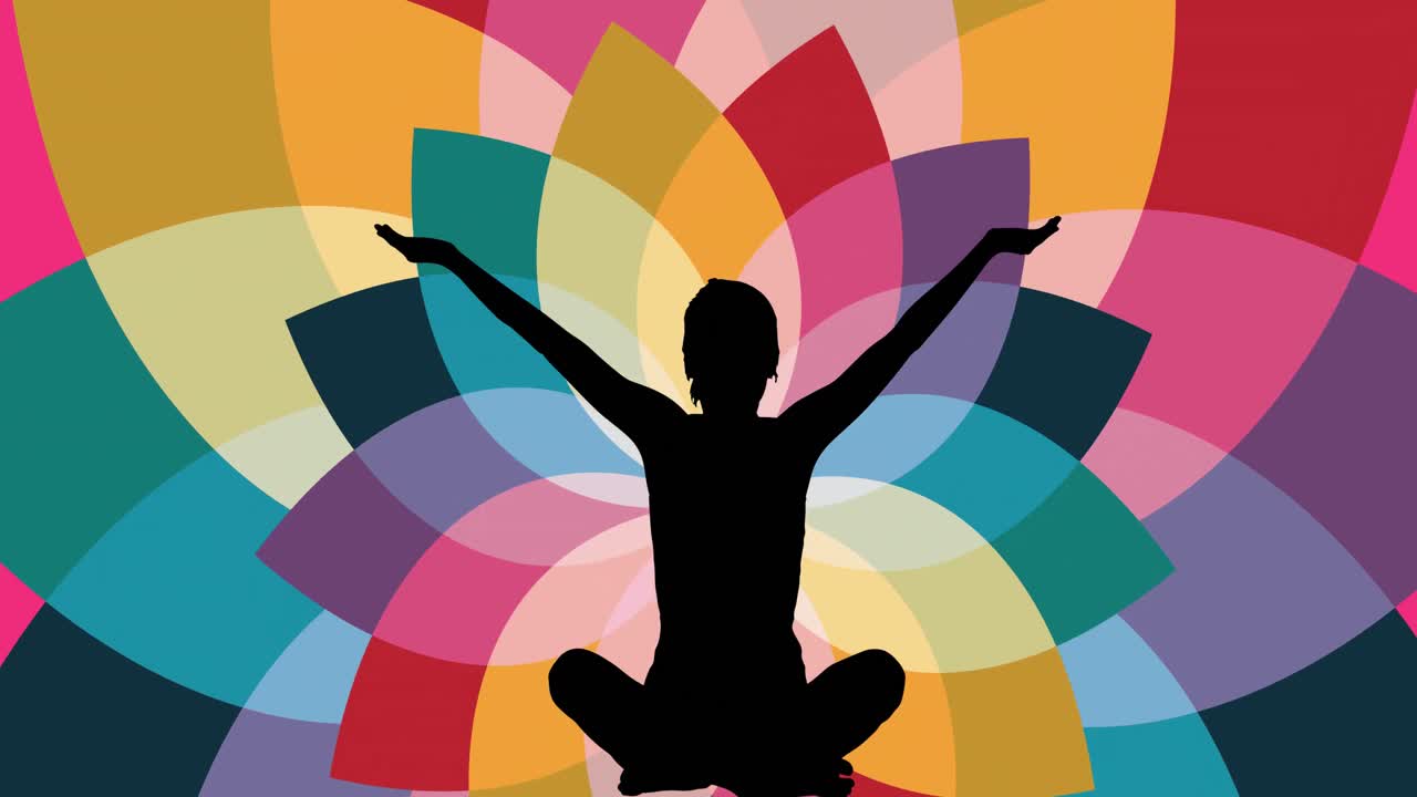 분홍색 배경 에 있는 다채로운 꽃 위 에 명상 하는 여자 의 실루 ⁇  의 애니메이션