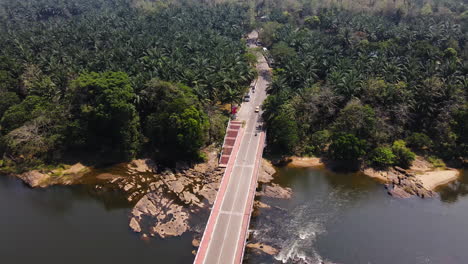 Vehículos-Circulando-Por-El-Puente-Vettilapara-Bordeado-Entre-Plantaciones-De-Palma-Aceitera-En-Kerala,-India