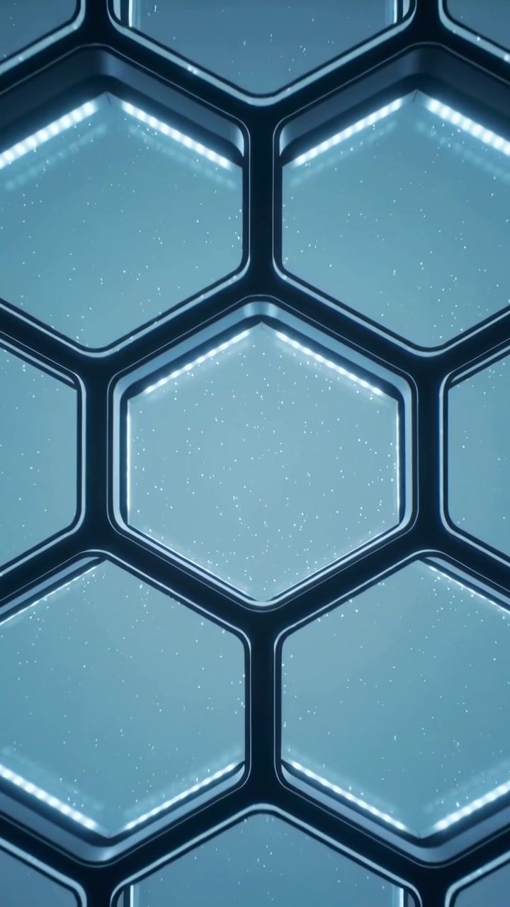 Vertical video: Pulling cam back revealing mid hex panel forming cell grid in VR, LED rim pulsing