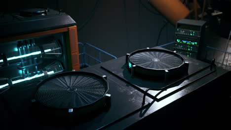 futuristic server room with glowing tubes and powerful fans