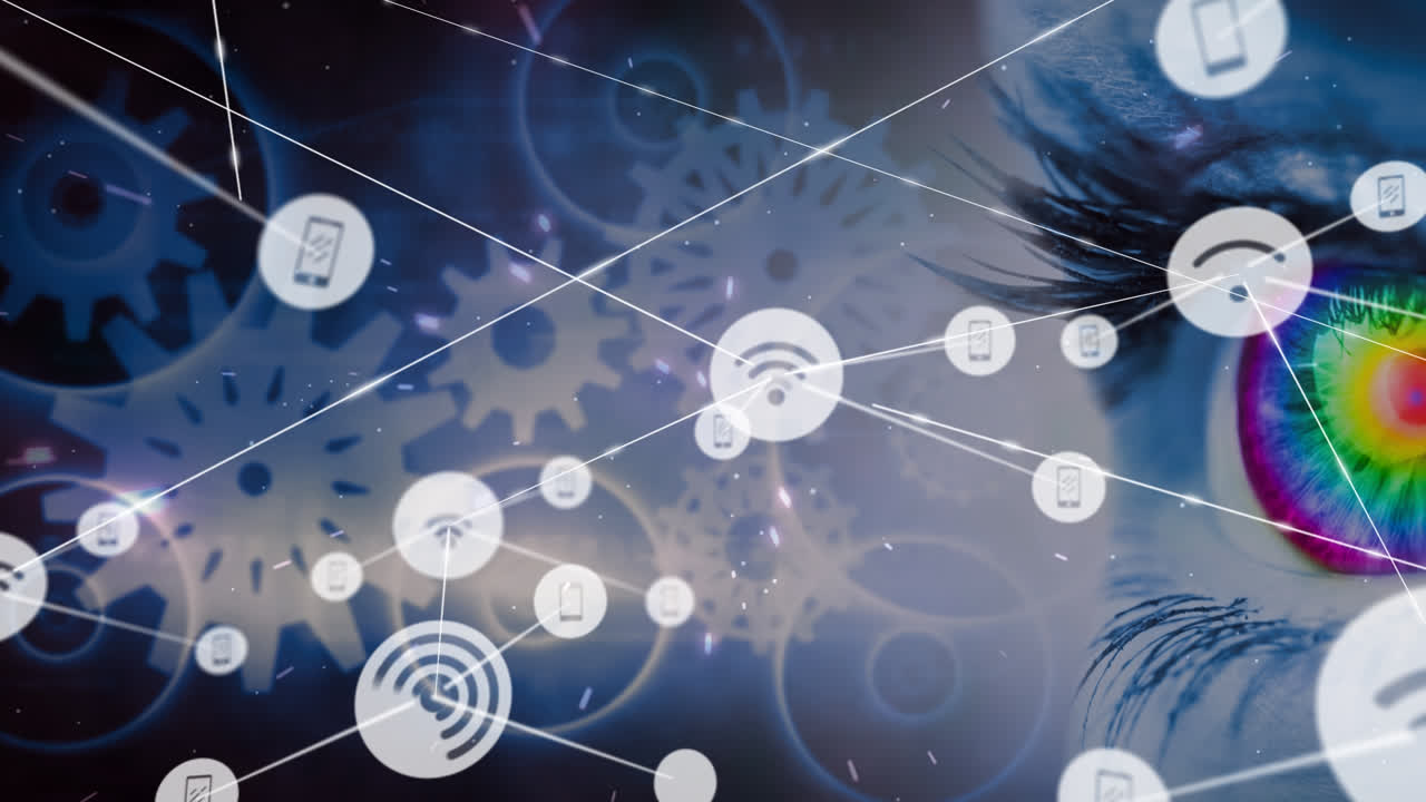 여성의 눈 위에 아이콘으로 연결된 네트워크의 애니메이션