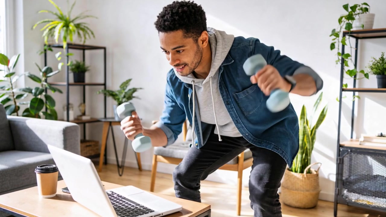 Following workout on laptop, man wearing gray hoodie squatting and rowing pastel weights at home