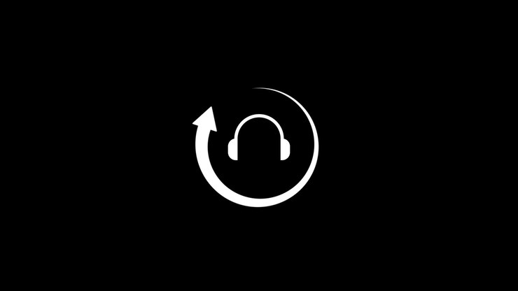 Headphones with rotating loading arrow icon animation isolated on black background