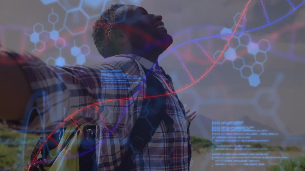 man raising arms outdoors, showing floating DNA helix and code overlays, highlighting science theme
