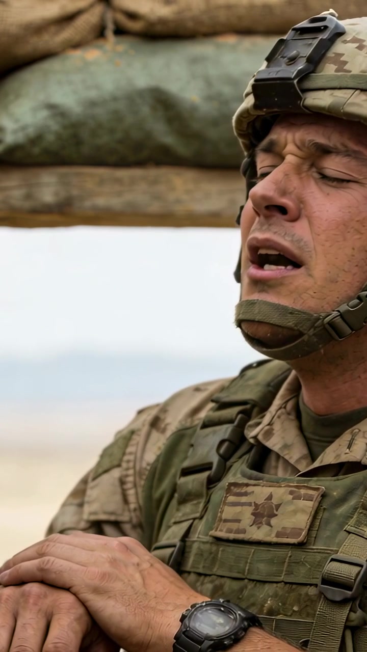 Video verticale: Soldato in mimetica che vocalizza di guardia a un avamposto nel deserto, con elmetto e sacchi di sabbia.
