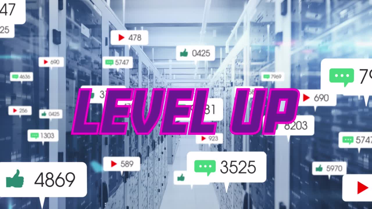 컴퓨터 서버  ⁇ 에서 소셜 미디어 알림과 함께 보라색 텍스트 레벨을 올리는 애니메이션