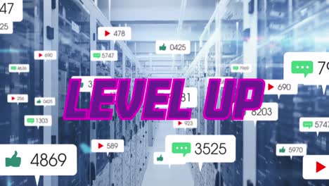 animation of purple text level up, with social media notifications over computer server room