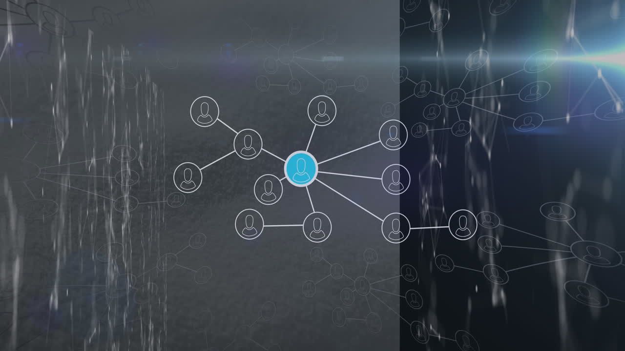 프로파일 아이콘과 연결 네트워크의 애니메이션은 회색 배경에 있는 빛의 반점과 대비됩니다.