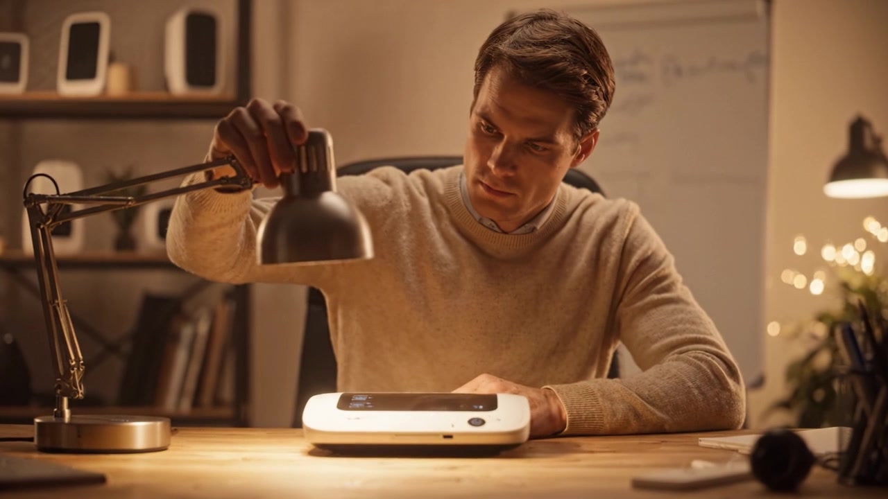 Individuo Concentrato che Lavora a una Scrivania di Legno con una Lampada, un Tablet e Forniture per Ufficio in uno Spazio di Lavoro Accogliente, Incarnando Creatività e Concentrazione di Notte