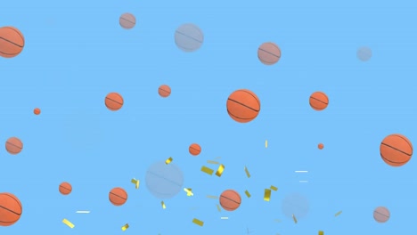 animation of the words level up in black over basketballs and gold confetti falling on blue