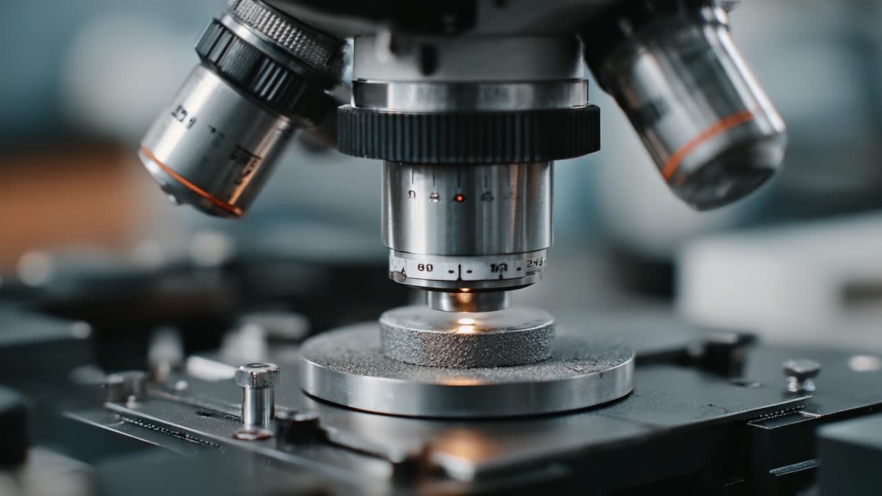 Close-Up Examination: An Insightful Look at a High-Precision Microscope Focusing on a Specimen Slide under Advanced Optical Instruments
