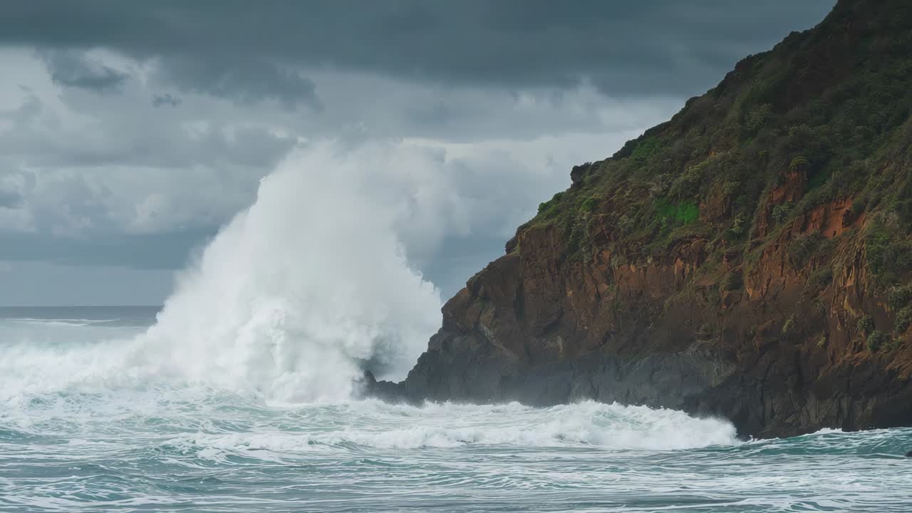 Ocean swell rising under gray sky crashing against rocky cliff producing spray plume and white foam