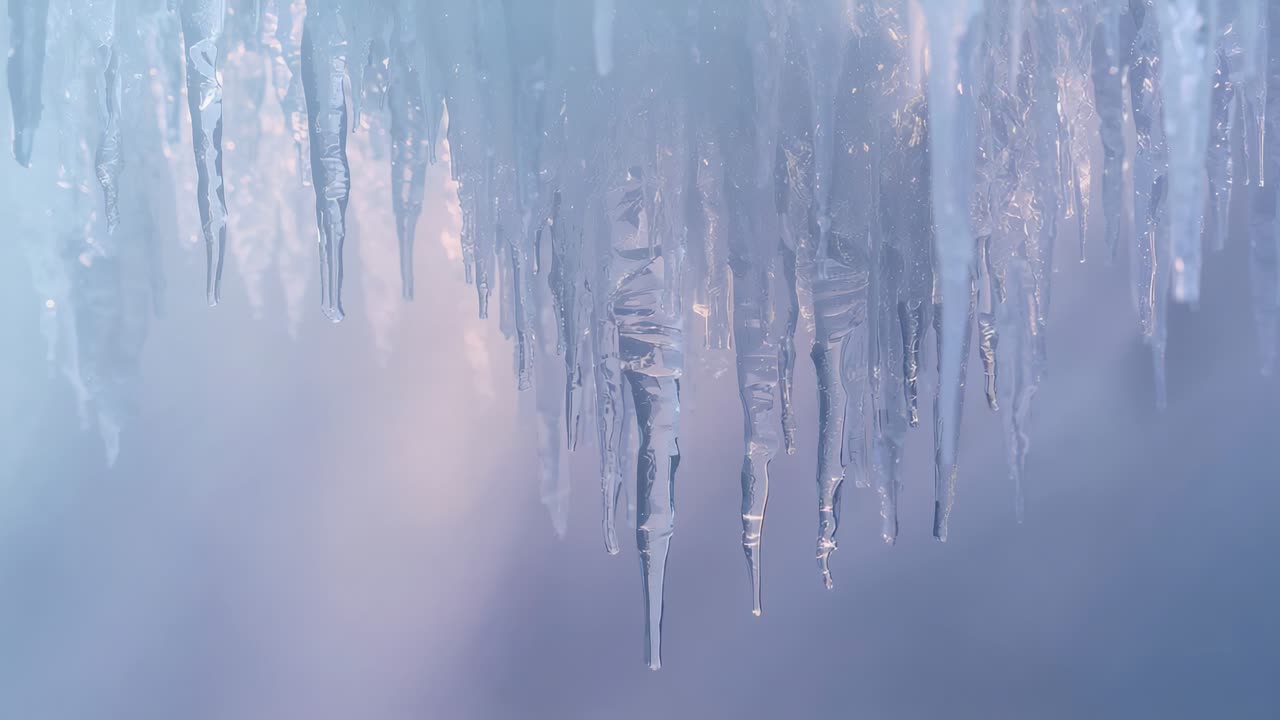 Dripping cluster of hanging icicles melting under eave with sunlight warming tips, forming droplets