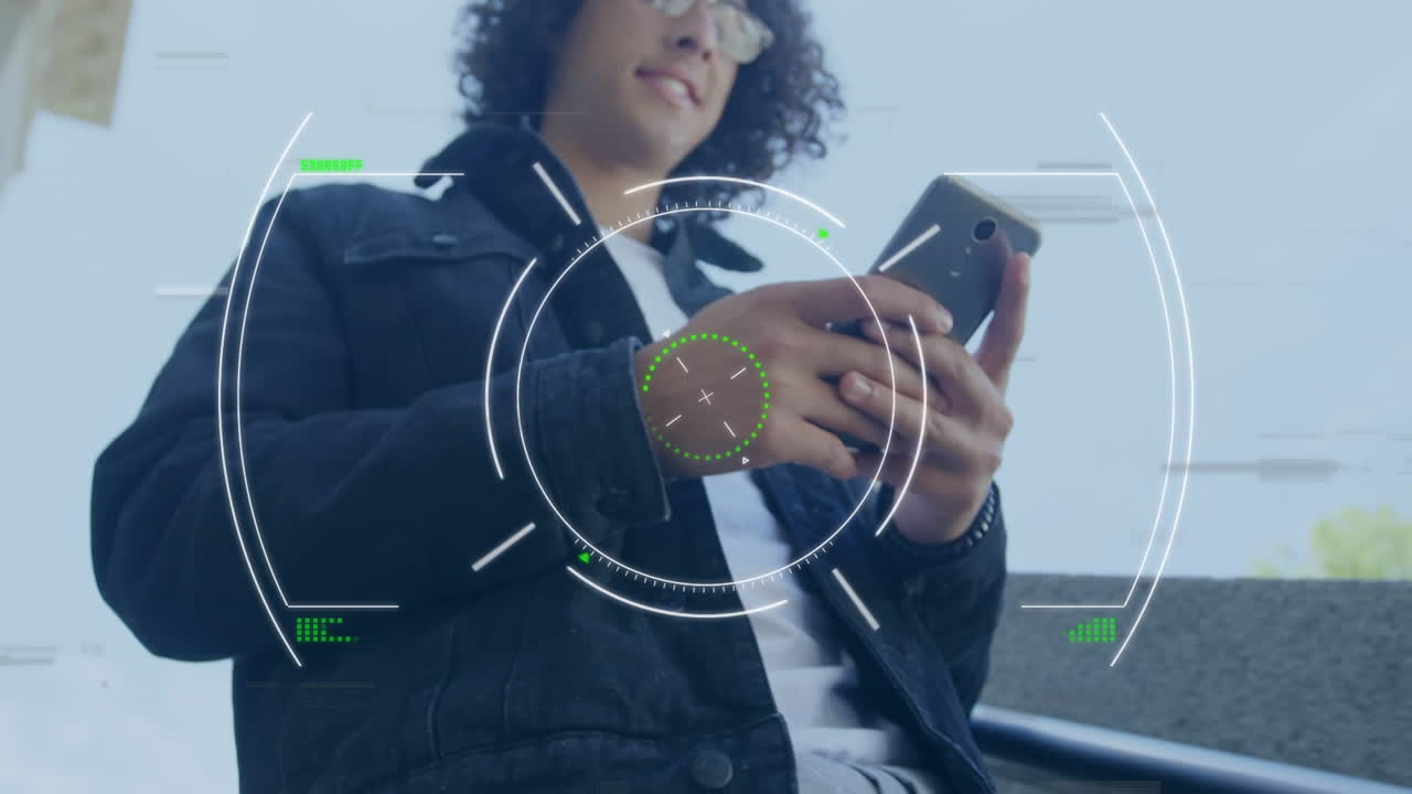 Animation of interference and moving circles over man using smartphone