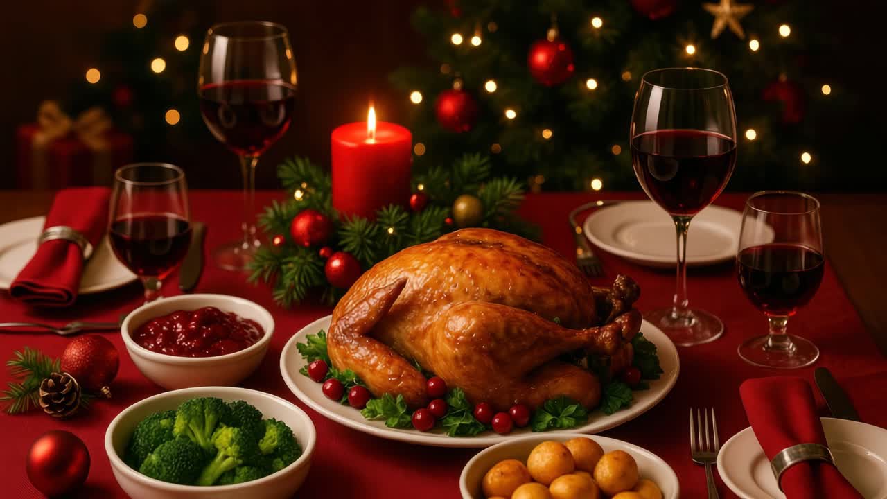 Festive holiday dinner table with roasted turkey, wine, and decorations