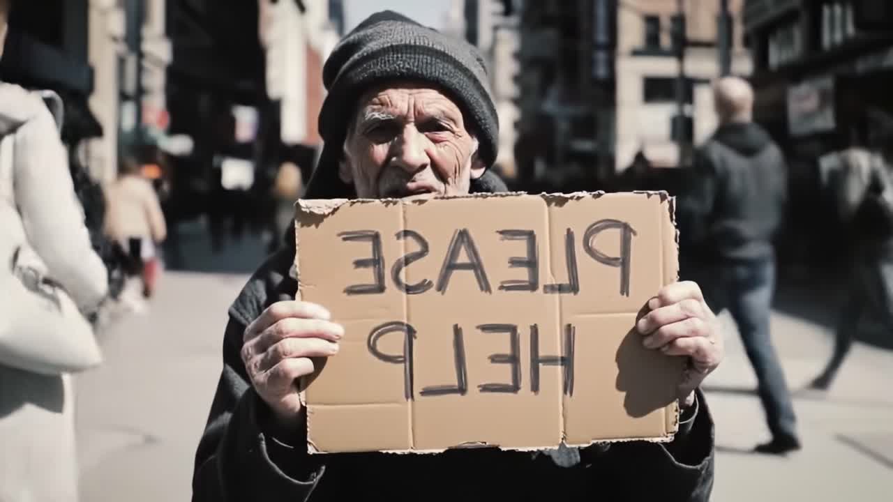 A Soul in Need: A Powerful Visual Plea for Compassion and Support from a Vulnerable Individual Holding a Sign Asking for Help in a Bustling City Environment