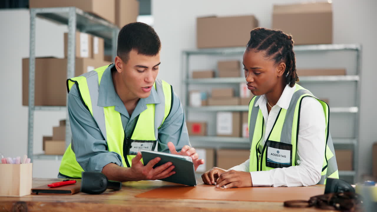 Warehouse workers collaborating on inventory using a digital tablet